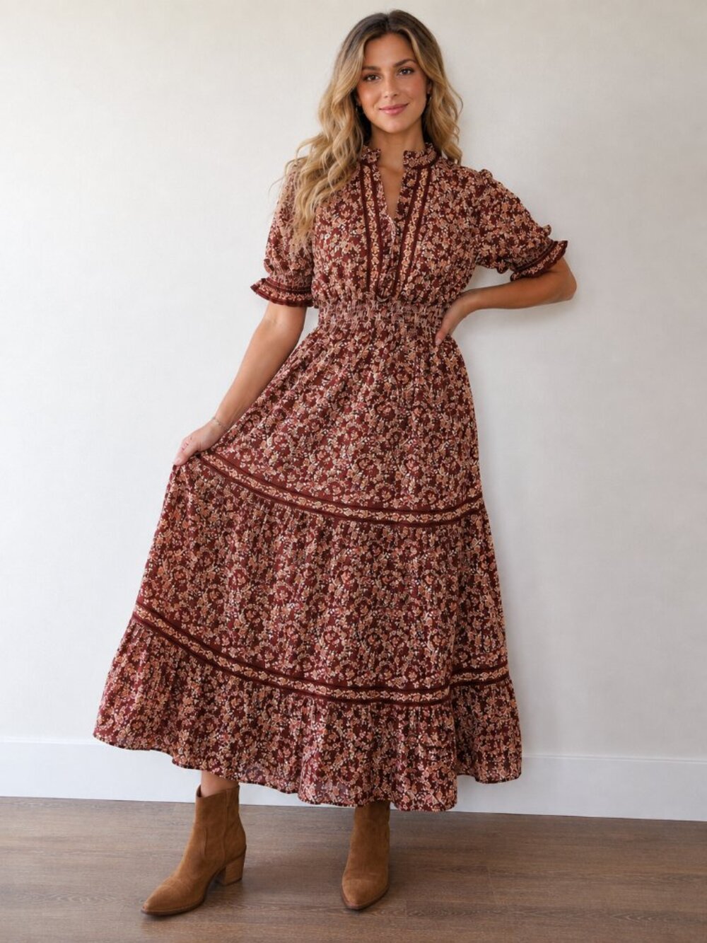 Max Studio Rust Floral Tiered Maxi Dress S Smocked Ruffle Boho